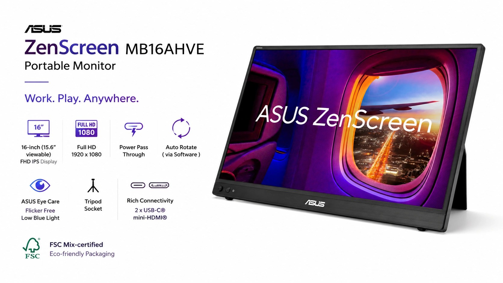 ASUS ZenScreen 16" 1080P USB-C Portable Monitor (MB16AHVE) - IPS, Power Pass Through, Auto Rotate, Tripod, Mini-HDMI, Flicker Free, Low Blue Light, 3 yr Warranty