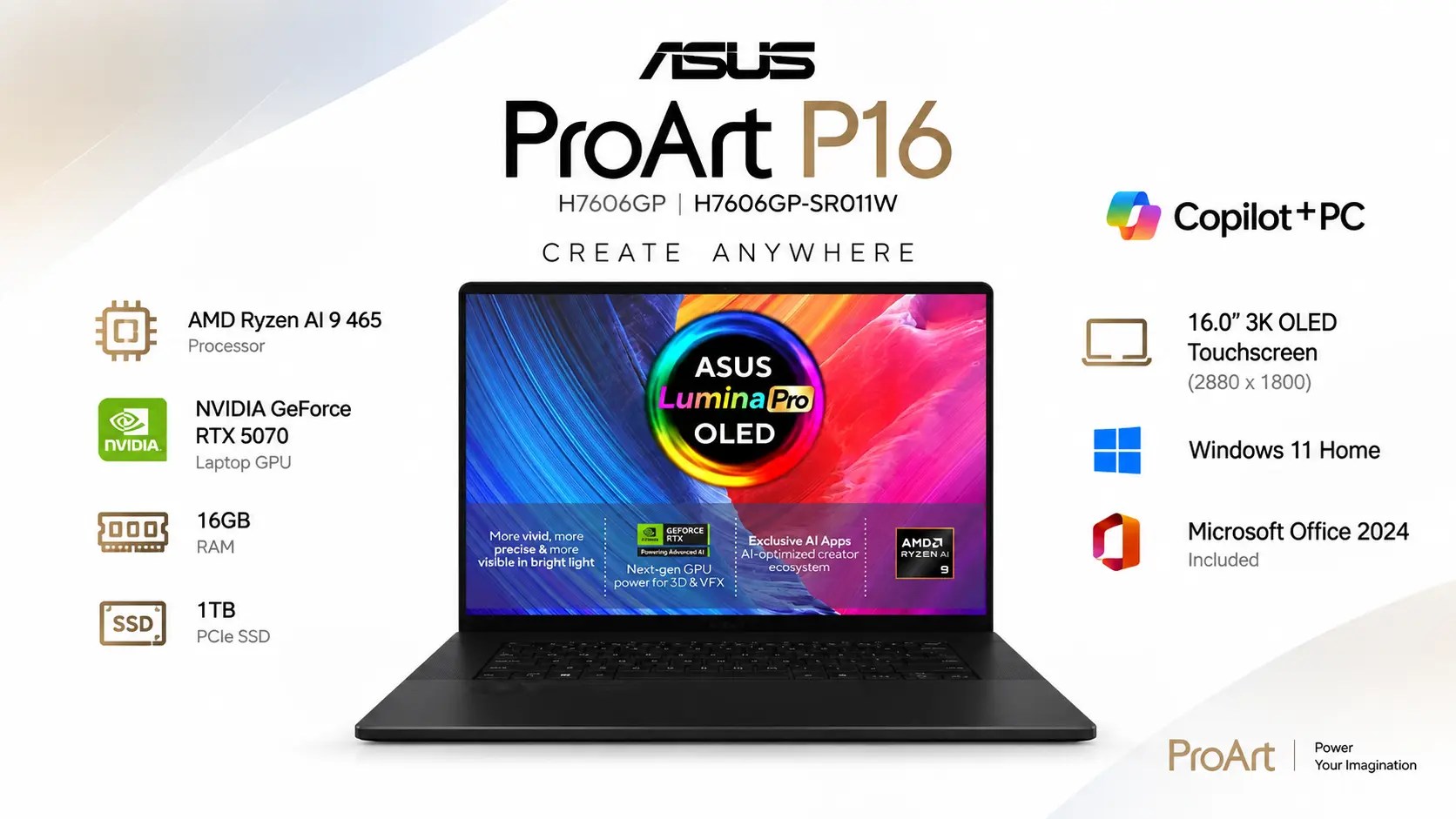 ASUS ProArt P16 H7606GP-SR011W Copilot+ laptop with AMD Ryzen AI 9 465 processor and 16-inch 3K OLED touchscreen