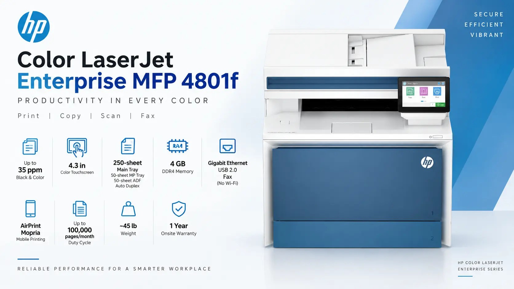 HP Color LaserJet Enterprise MFP 4801f color laser printer with 4.3 inch touchscreen and automatic duplex printing