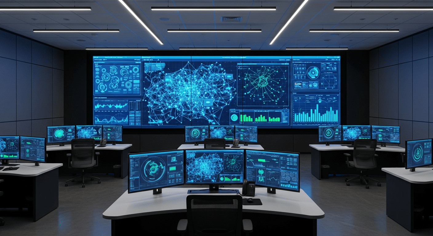 An empty, modern corporate Security Operations Center ready for a Soc Analyast to begin work.