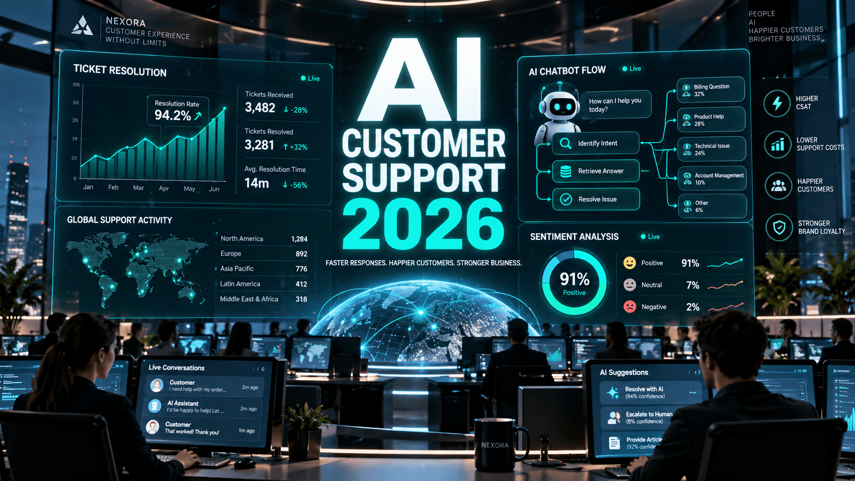 A modern customer success workspace showing a holographic dashboard and ticket resolution metrics powered by the best AI customer support tools.