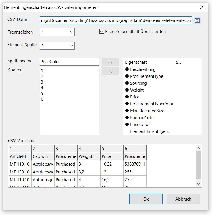 Import von zusätzlichen Element-Eigenschaften in Gozintograph Viewer