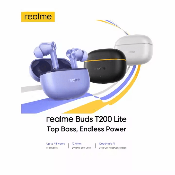 Realme Buds T200 Lite Bluetooth In-Ear Earbuds - AI ENC for Calls, 48h Playback, Fast Charging