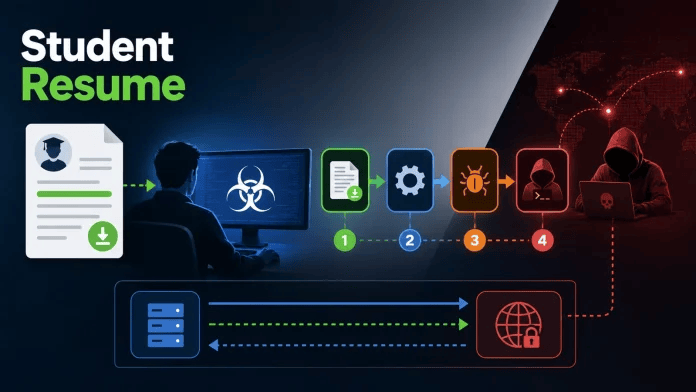 Cybercriminals use fake student resumes carrying hidden executables to bypass security and install remote access malware on researchers' computers.