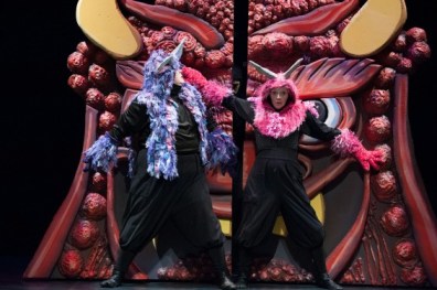 L-R: Phillip Reid as Monmon and Tia Shearer as Nakamon. Anime Momotaro at Imagination Stage now through March 10. Photo credit: Margot Schulman.