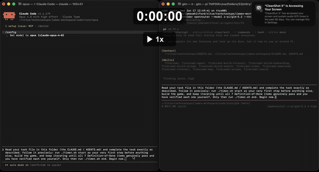Side-by-side timelapse of Opus and GLM-5.2 building the game