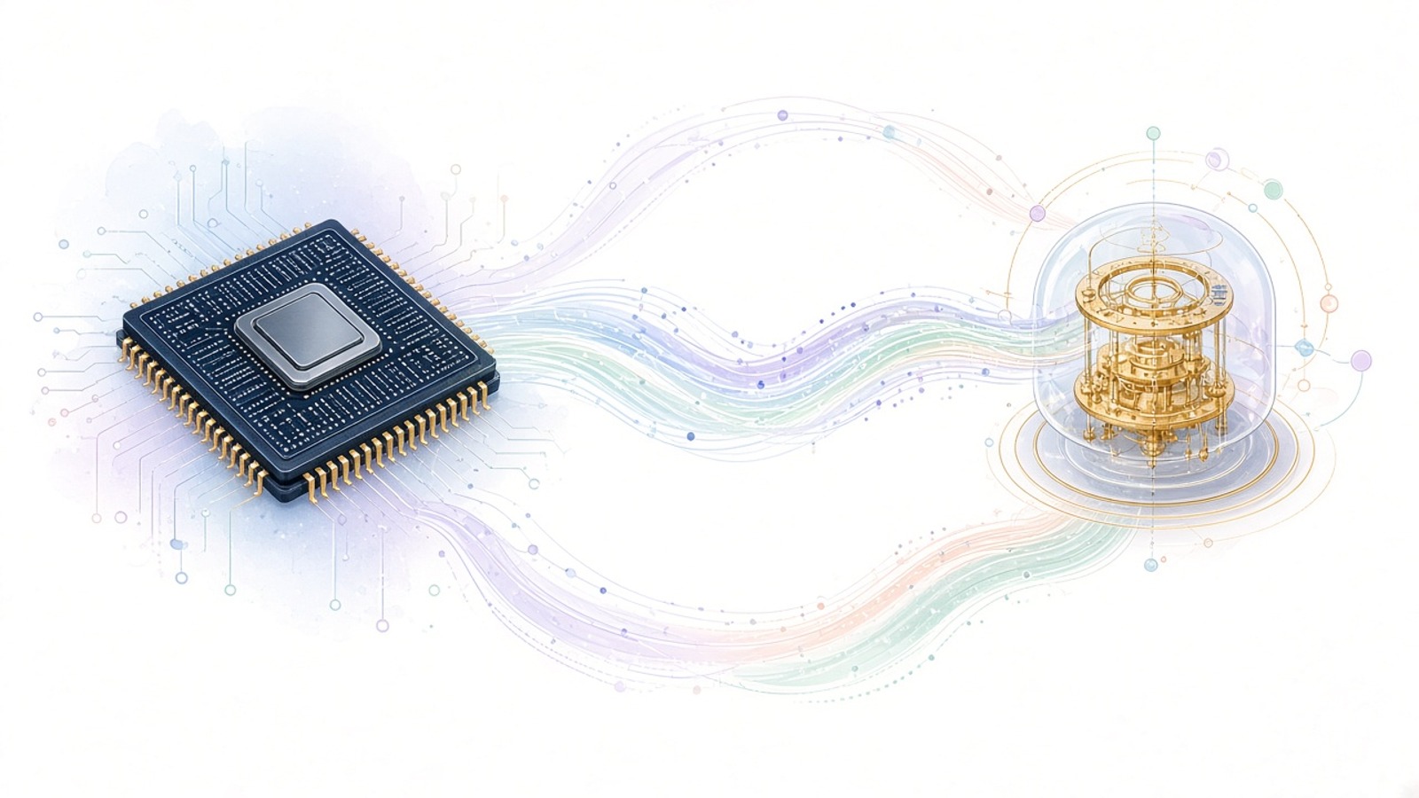 Illustration of a GPU chip feeding a calibration loop into a glowing quantum processor