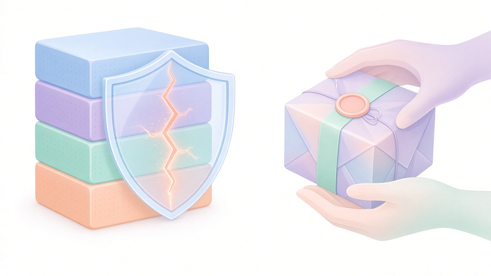 Illustration of a digital shield patching a glowing crack in a software code block before anyone else notices