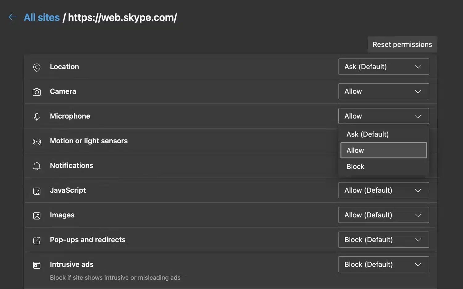 طريقة إدارة أذونات وصول مواقع الويب في إيدج