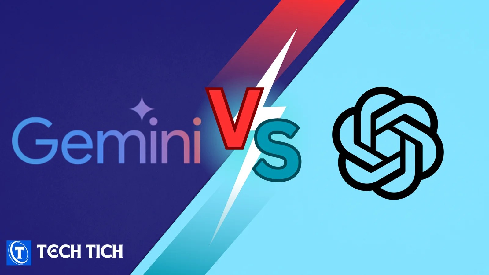 A graphic comparing Gemini and ChatGPT, with the Gemini logo on a dark blue background on the left and the ChatGPT logo on a light blue background on the right, separated by a red 'Vs' and a white lightning bolt.