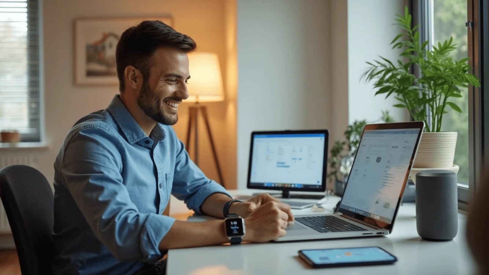 A smiling man in a blue shirt works at a desk with a laptop, external monitor, smartphone, and smart speaker, while wearing a smartwatch.