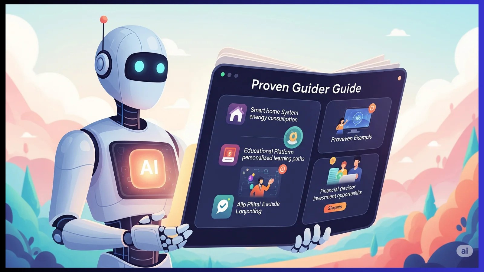 A friendly, glowing humanoid robot (AI agent) holding an open, futuristic guide that displays various proven examples of AI applications like smart home systems, educational platforms, and financial advisors.