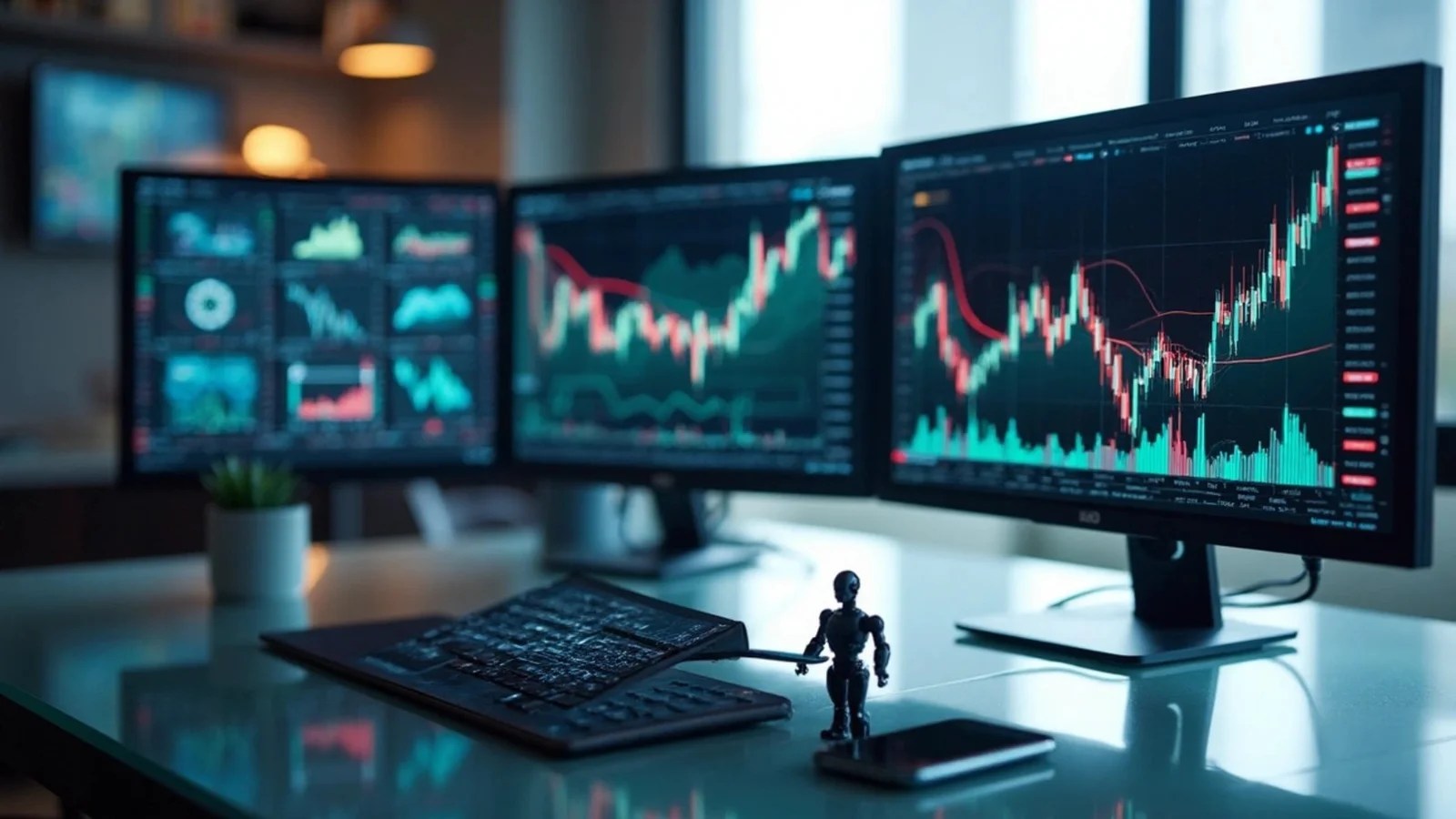 A desk setup with three computer monitors displaying various financial charts, graphs, and data visualizations, likely for stock trading or data analysis. A keyboard, a smartphone, and a small, dark humanoid robot figurine are on the desk in front of the screens. The background shows a blurred office environment.