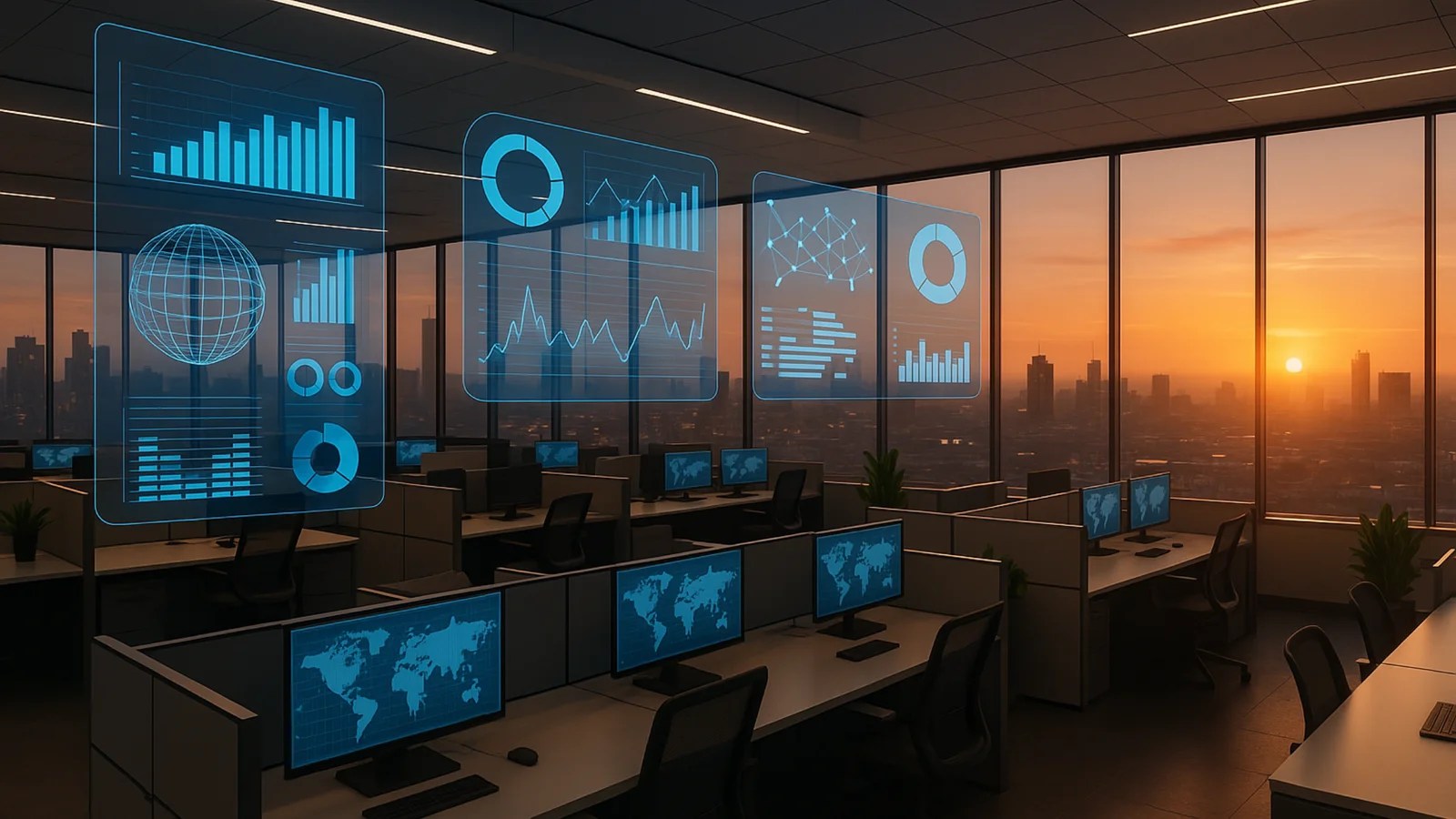 Open-plan futuristic office with holographic data displays, sunset lighting through floor-to-ceiling windows, and modern workstations monitoring global analytics.
