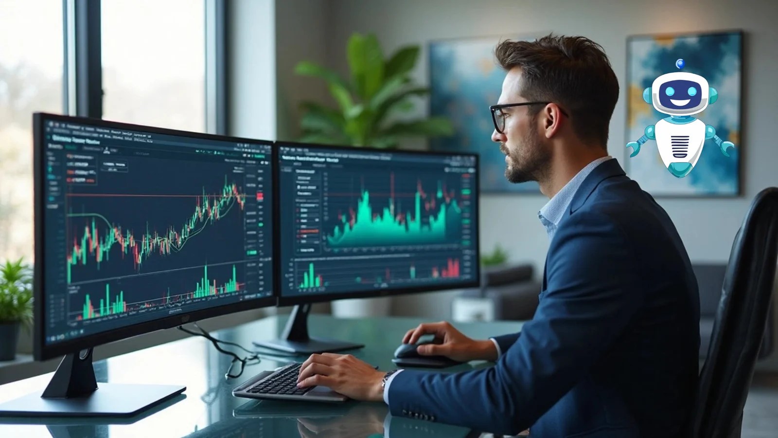 A man in a suit is working on a computer with two monitors displaying stock market charts; a small cartoon robot hovers nearby as a digital overlay.