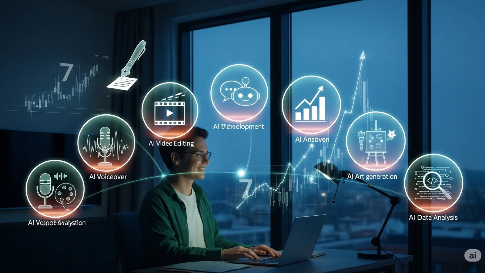 A young person is seated at a desk with a laptop, surrounded by seven glowing holographic icons representing various AI side hustles, such as video editing, content creation, and data analysis.