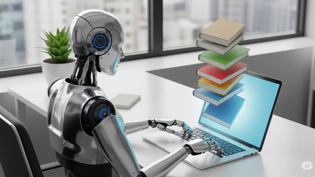 A sleek, silver humanoid robot sits at a desk, typing on a laptop, while a stack of five colorful books appears to be digitally emerging from the laptop's screen.