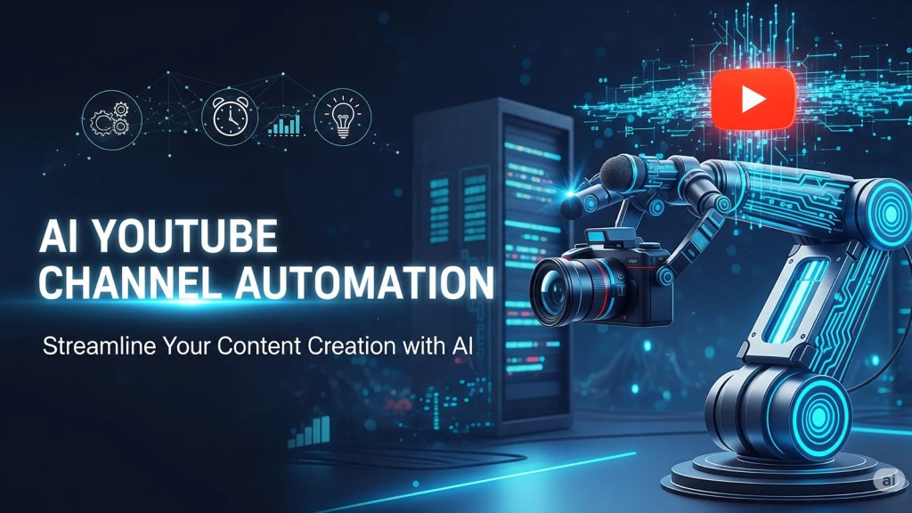 A robotic arm with a camera and microphone, connected to a glowing circuit board, next to a large text "AI YOUTUBE CHANNEL AUTOMATION".