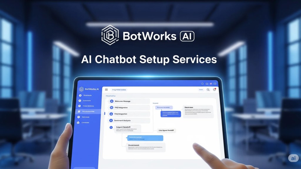 Hands hold a tablet displaying a user interface for an AI chatbot setup service in a futuristic office environment.