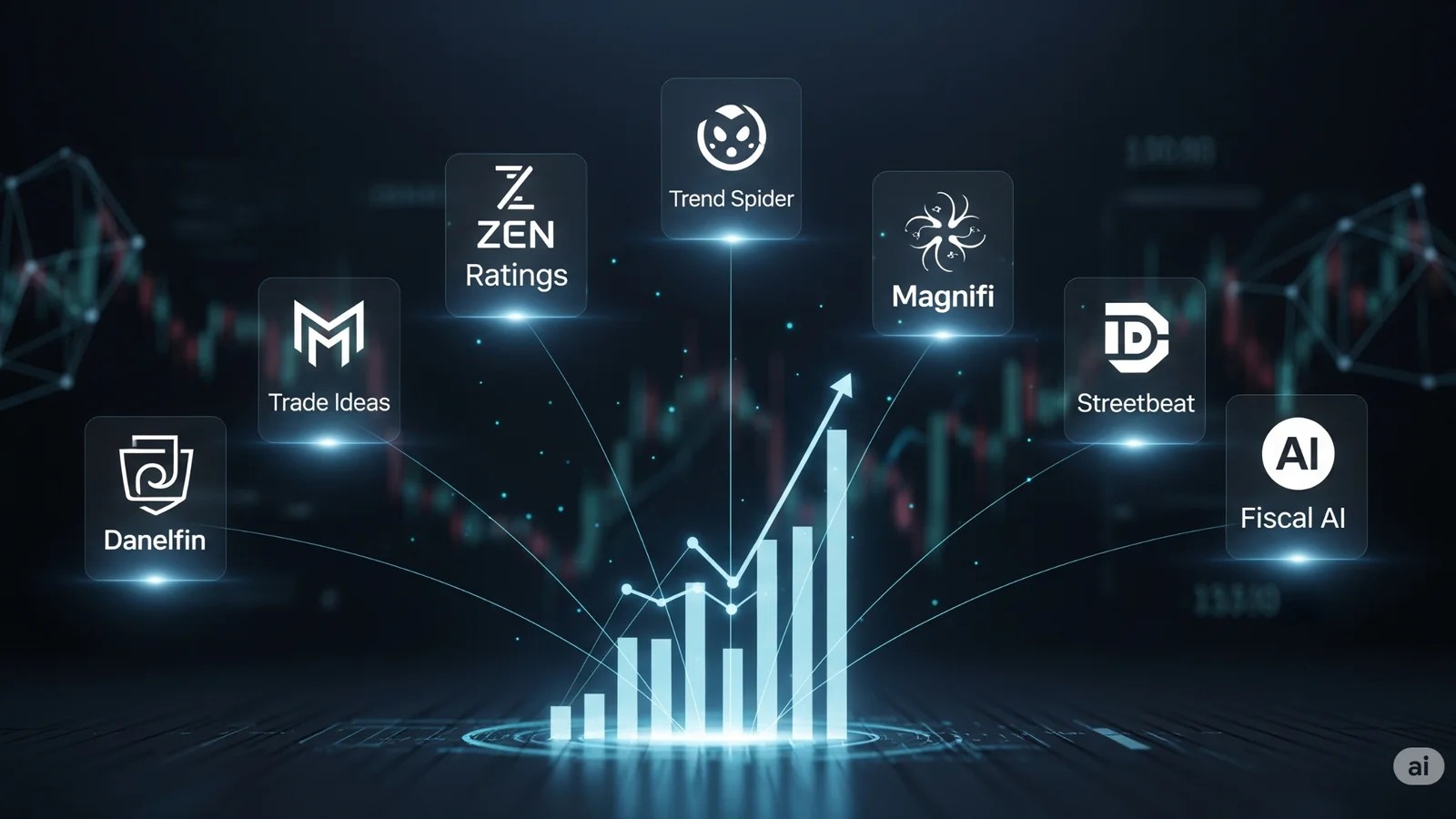 Seven glowing, holographic logos representing AI investing apps—Zen Ratings, Trend Spider, Trade Ideas, Magnifi, Streetbeat, Danelfin, and Fiscal AI—are arranged around a central, upward-trending financial bar chart.