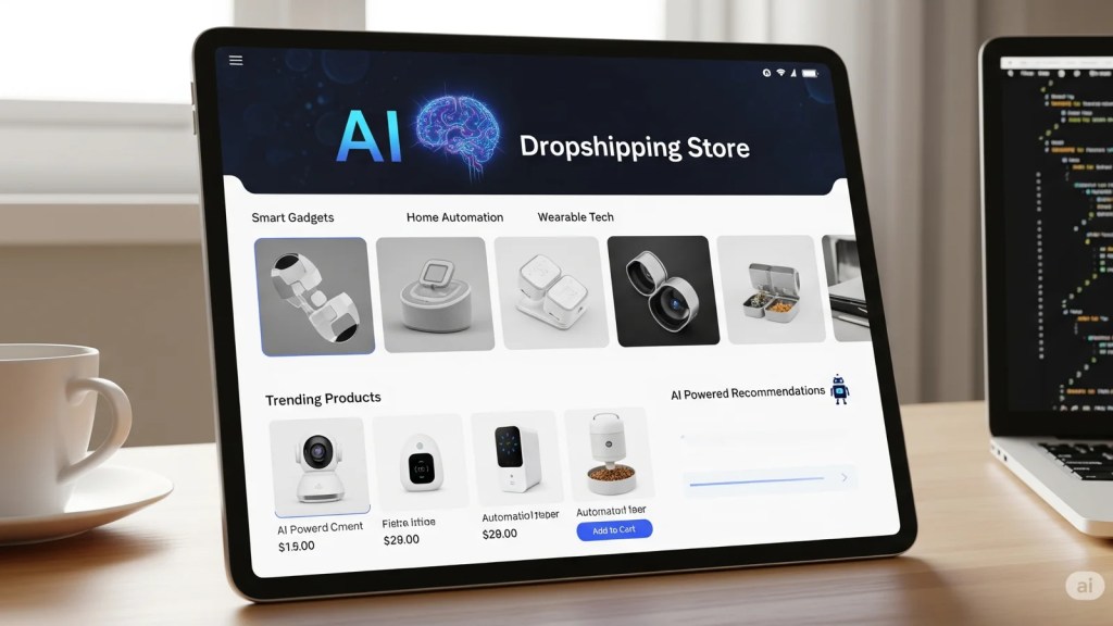 A tablet displaying a dropshipping store homepage with the title "AI Dropshipping Store" and product categories like "Smart Gadgets" and "Home Automation."