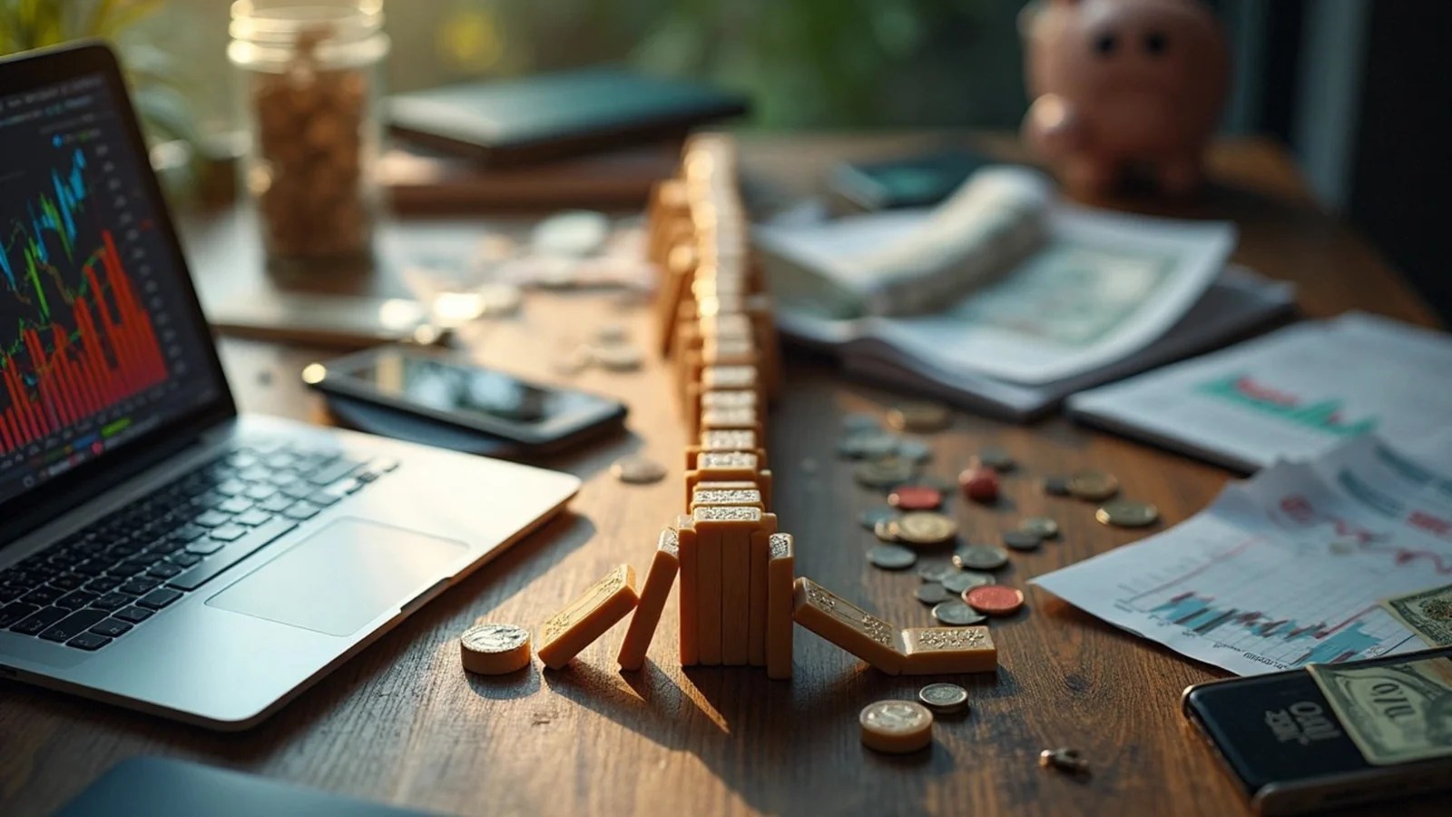 A messy desk shows a laptop with financial charts, scattered money, and a row of falling dominoes, symbolizing a chain reaction. A friendly, cartoon robot with a yellow envelope stands next to a curved monitor displaying financial charts on a clean desk.