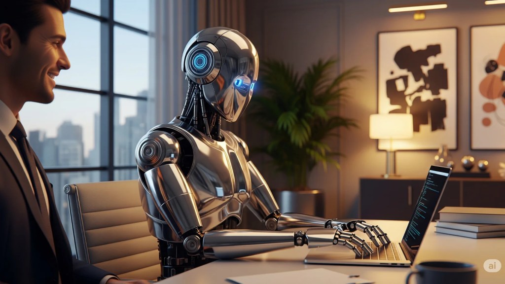 A man in a suit smiles as he watches a sleek, chrome-plated robot with glowing blue eyes type on a laptop in a modern, stylish office.