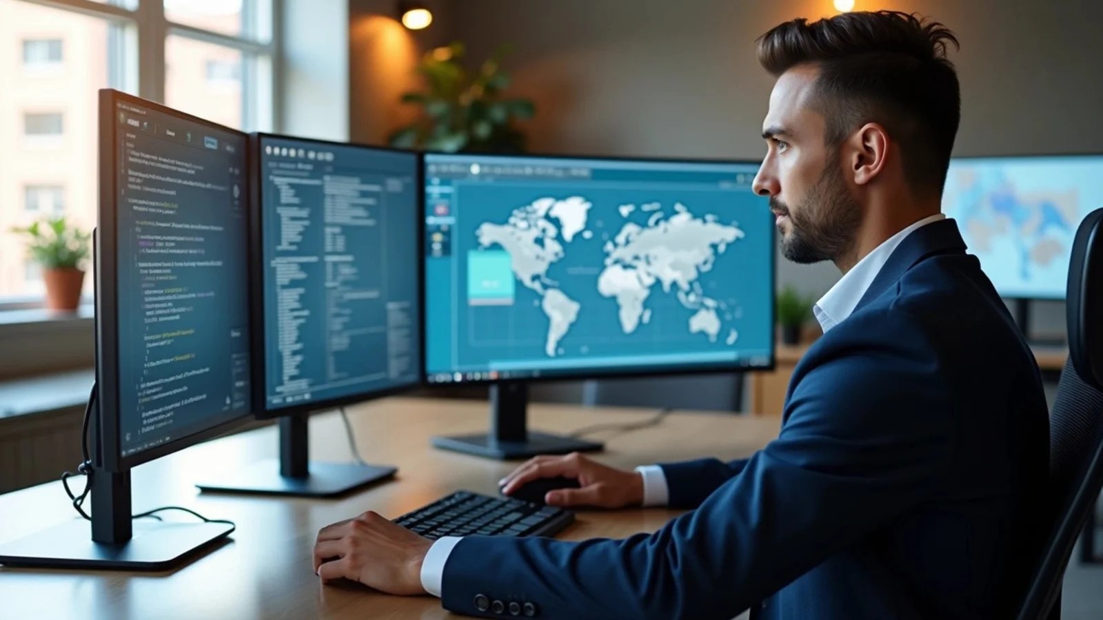 • A man in a suit jacket sits at a desk in front of three computer monitors. On the far-left screen, code is visible, while the middle screen displays a world map with highlighted areas.