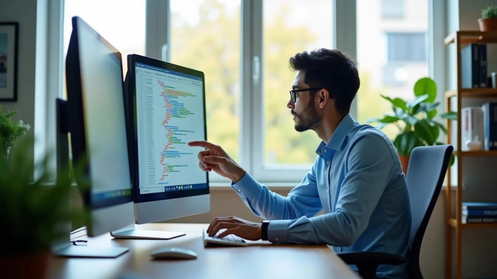 • A man in a blue shirt and glasses is seated at a desk, pointing to lines of code on a computer screen. There are two monitors and a large window behind him.