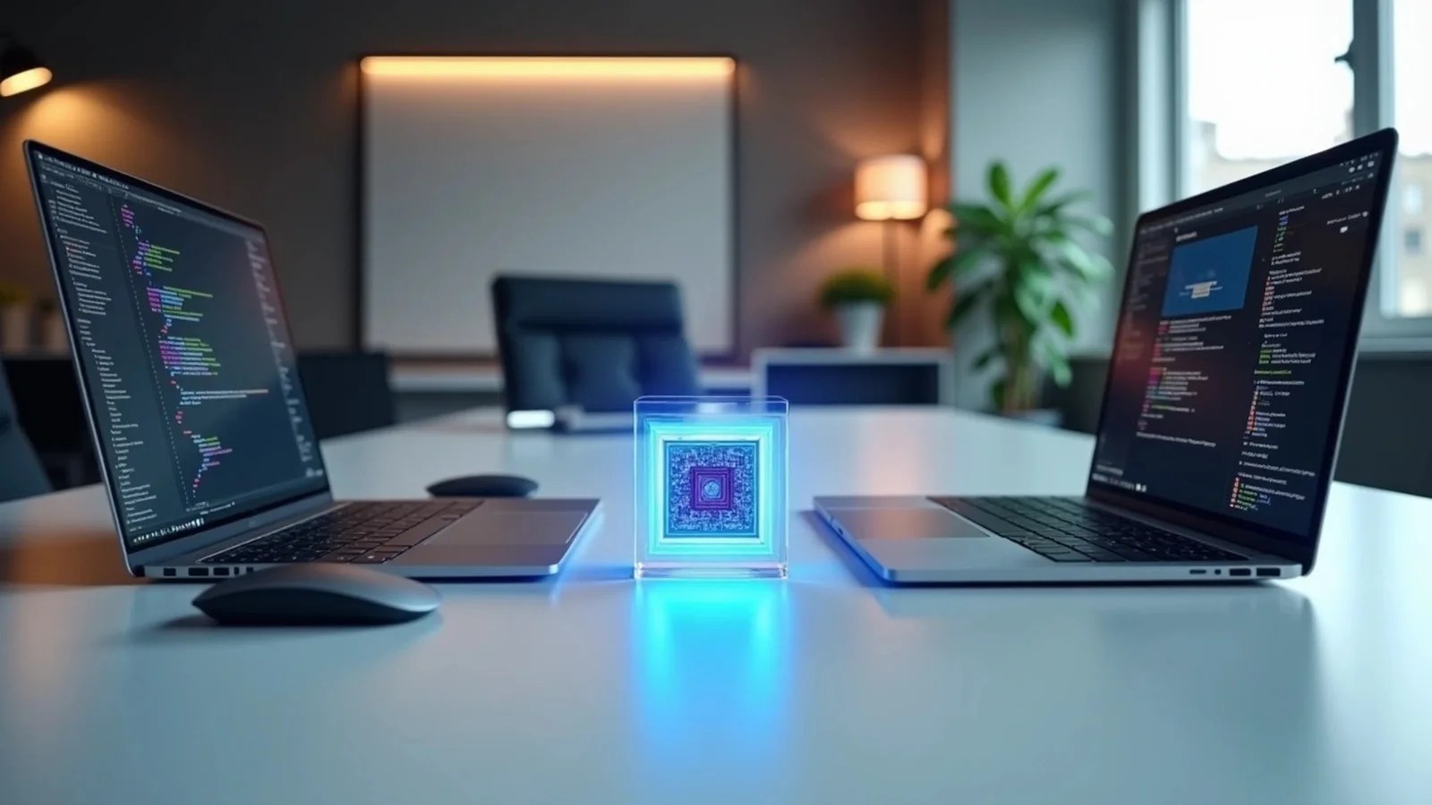 Two laptops with code on their screens face each other across a modern conference table, with a glowing blue holographic cube displaying a microchip between them.