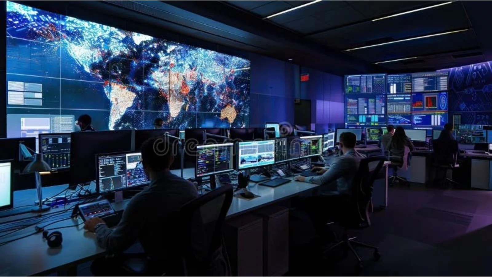 Analysts work at computers in a dark, high-tech security operations center (SOC) facing a large video wall displaying a global threat map.