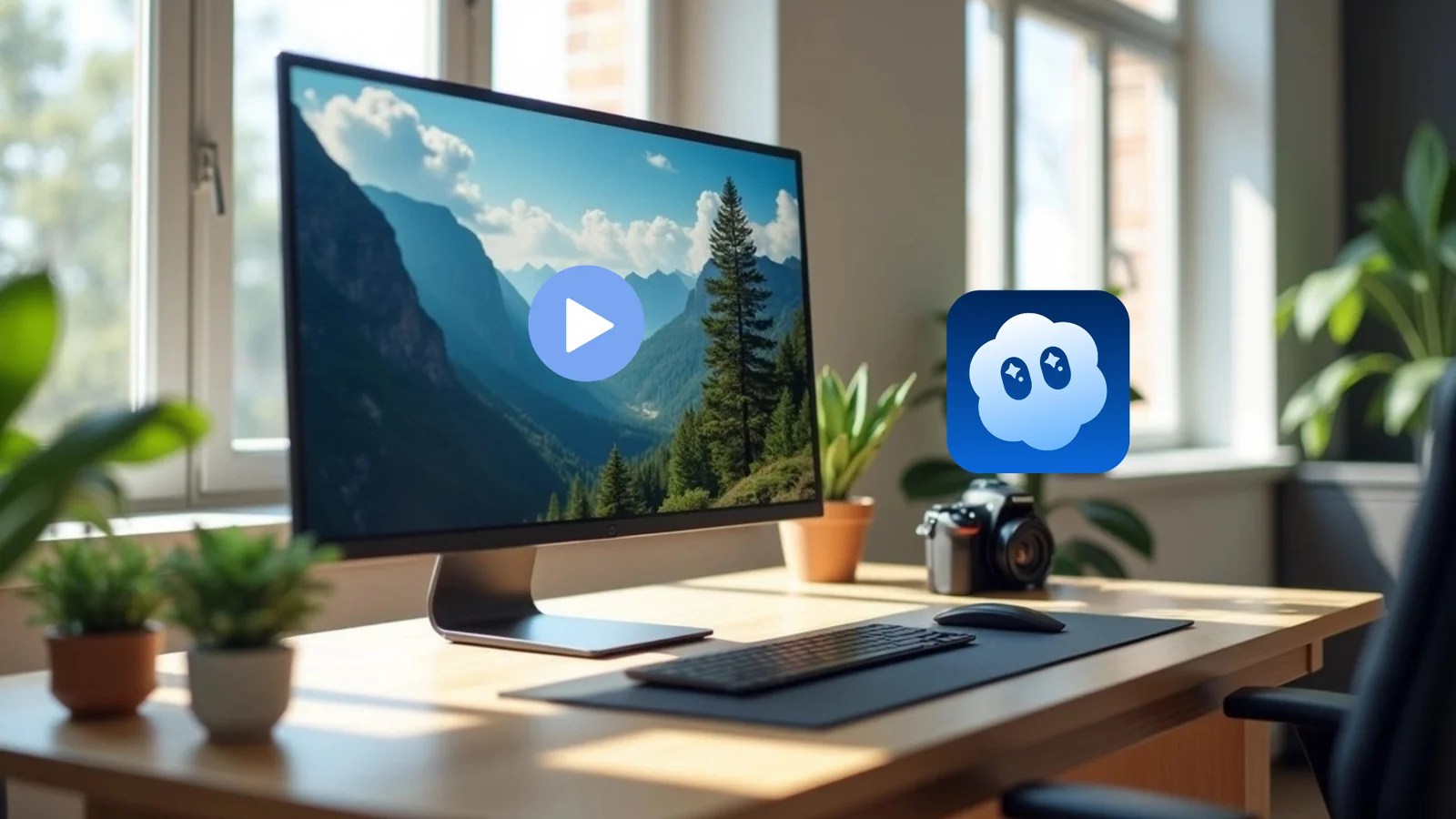 A modern desktop computer on a wooden desk displays a video of a mountain valley landscape with a play button icon. A professional camera sits next to the monitor, and a blue cloud app icon is overlaid on the image.