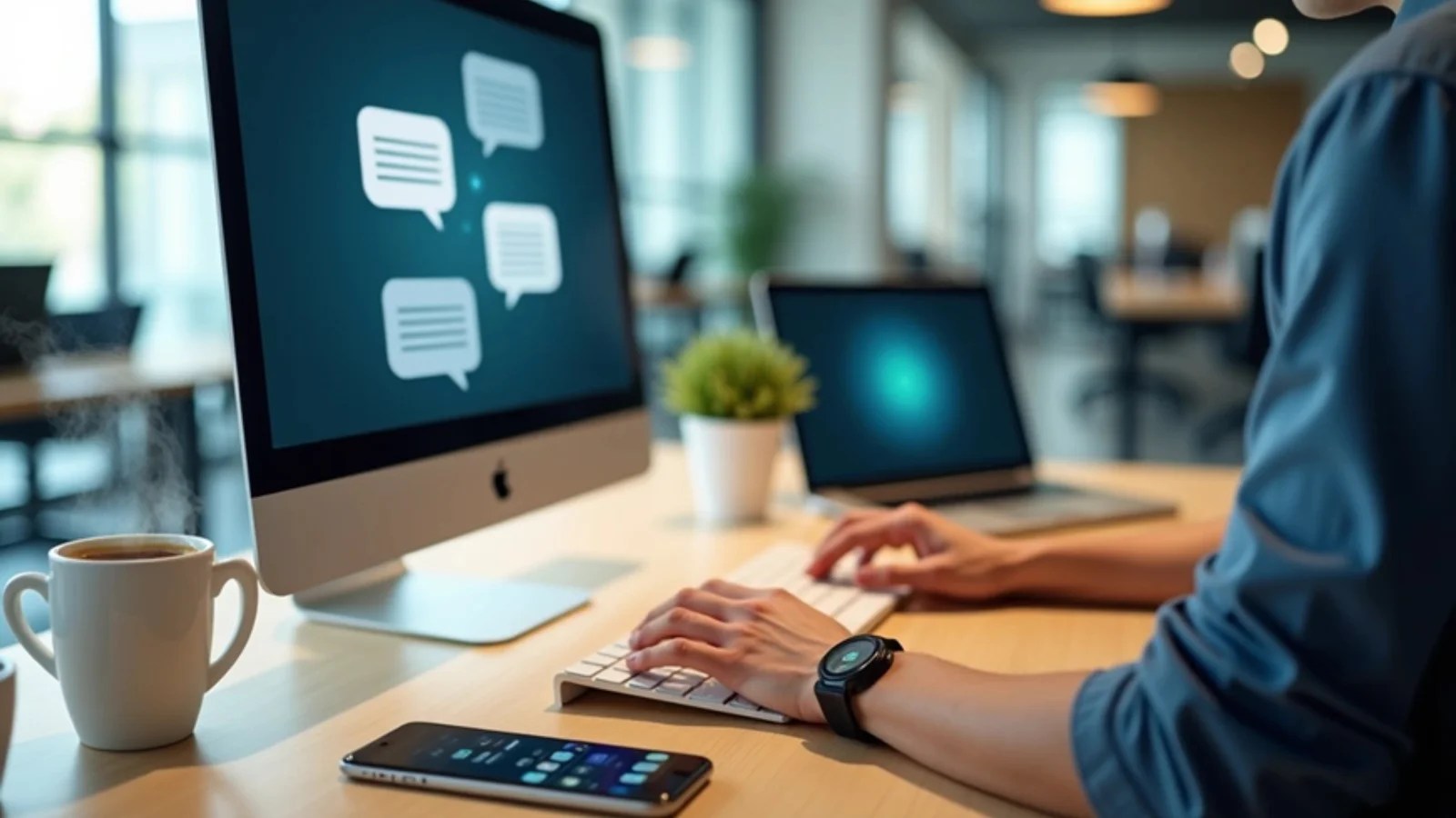 A person typing on a computer keyboard in a bright office with chat bubble icons displayed on the monitor.