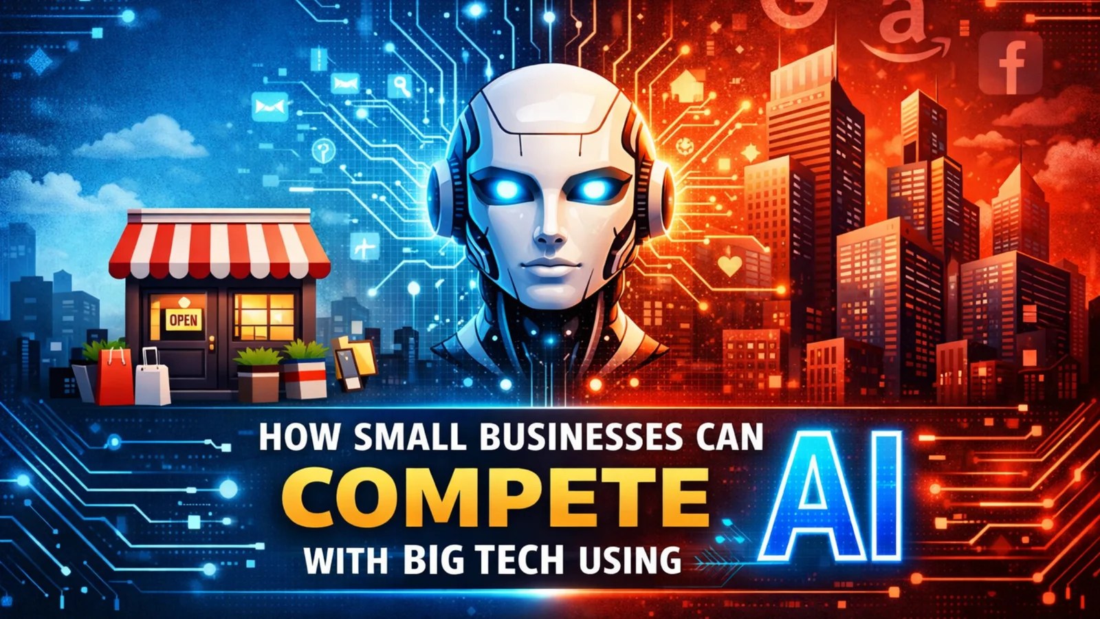 Illustration showing a small business storefront competing with big tech skyscrapers using artificial intelligence, represented by a central AI figure and digital circuit patterns.
