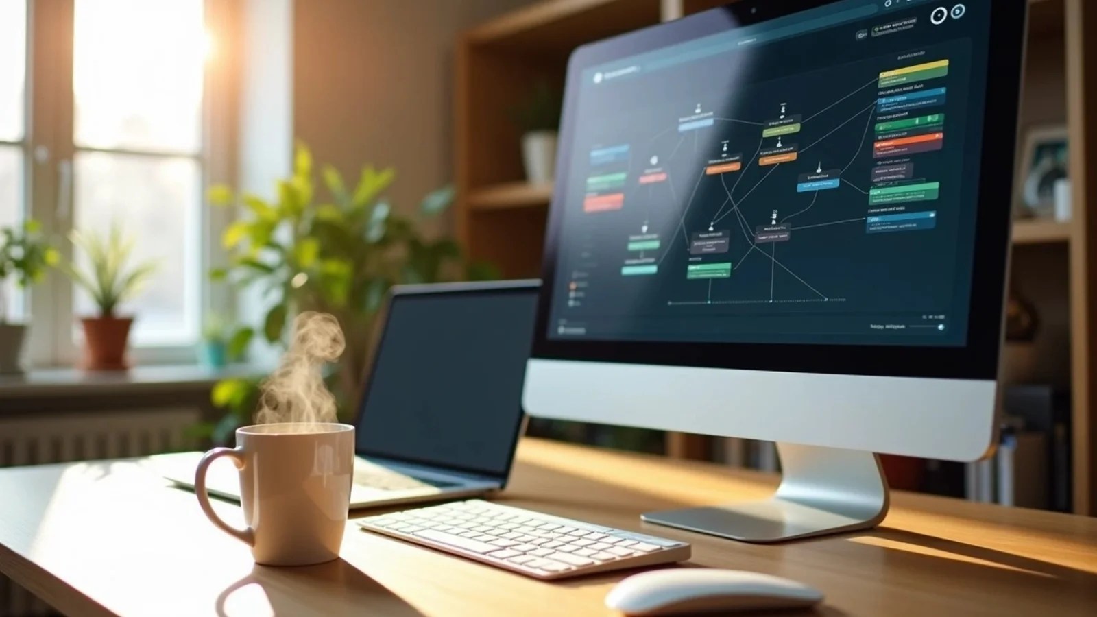 A brightly lit desk setup featuring a desktop monitor displaying a complex AI workflow diagram, a laptop, a white keyboard, a mouse, and a steaming mug of coffee, suggesting a work-from-home or office environment.