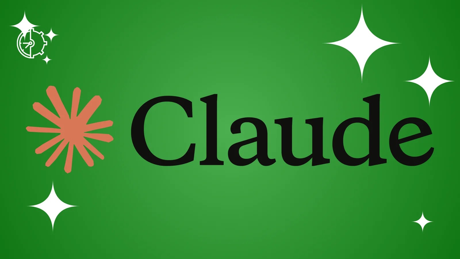 Claude logo featuring a terracotta-colored sunburst icon and bold black serif text on a green gradient background with white stars.