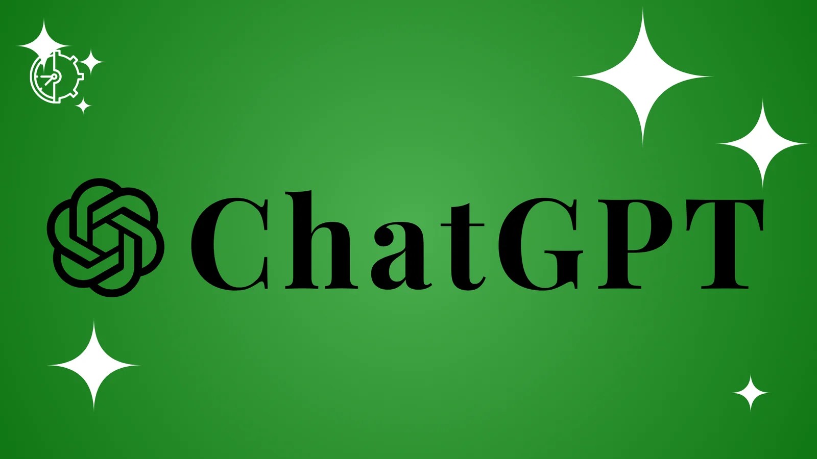 ChatGPT logo featuring a black geometric swirl icon and bold black serif text on a green gradient background with white stars.
