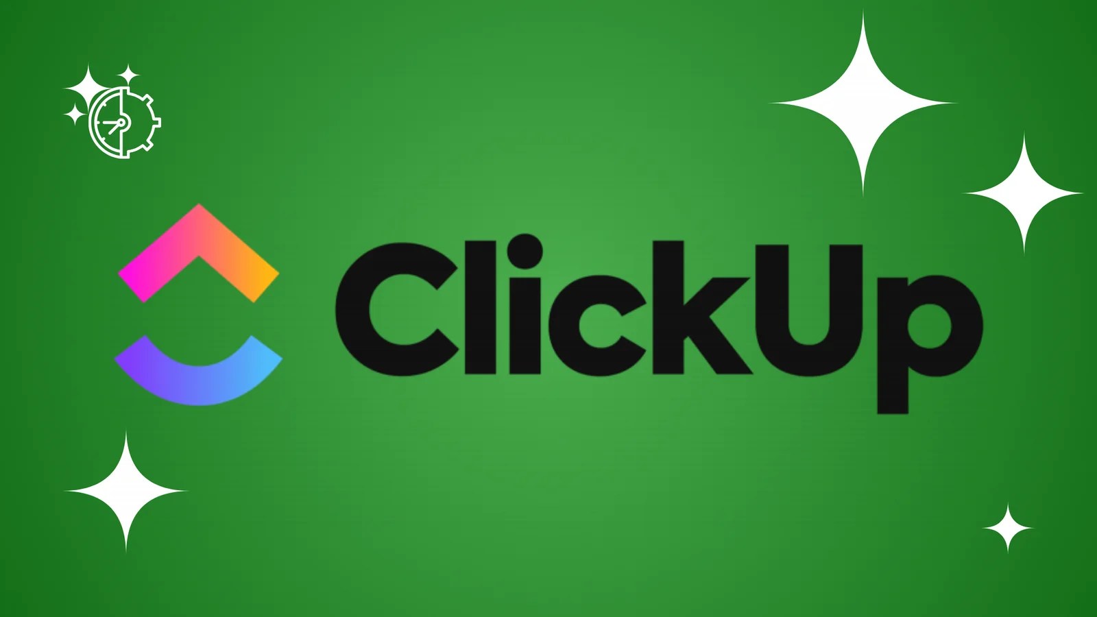 ClickUp logo featuring a black stylized icon and bold black sans-serif text on a green gradient background with white stars.