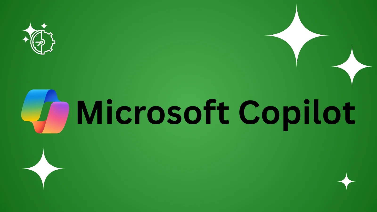Copilot logo featuring a black stylized icon and bold black sans-serif text on a green gradient background with white stars.