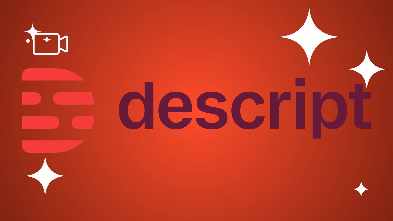 Descript logo featuring a black stylized icon and bold black sans-serif text on a reddish-orange gradient background with white stars.