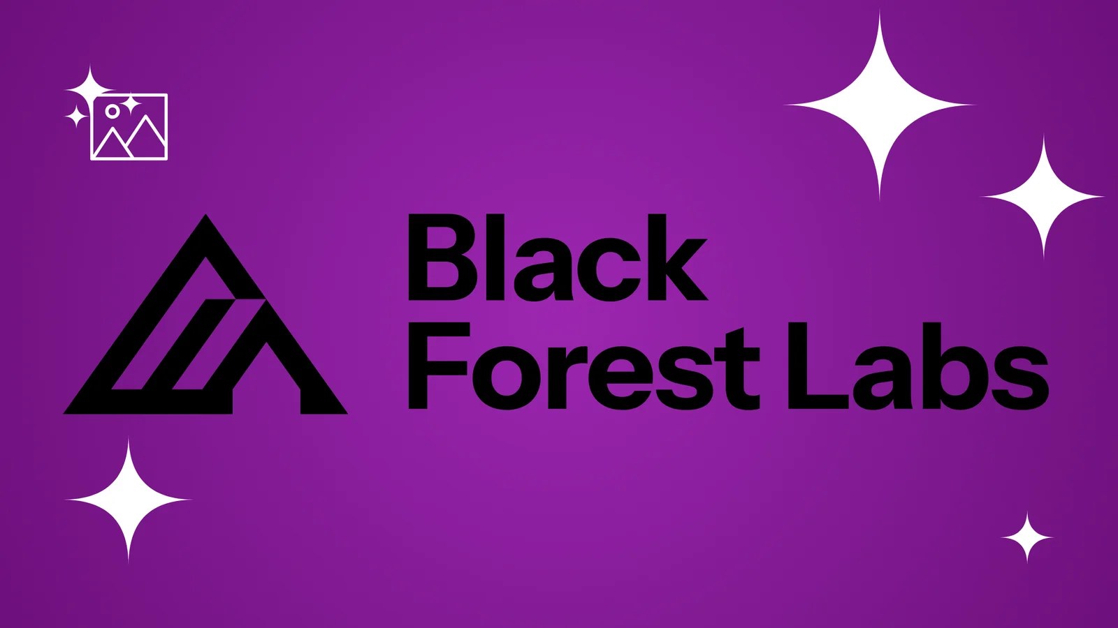 Black Forest Labs logo featuring a black geometric triangular icon and bold black sans-serif text on a purple gradient background with white stars.