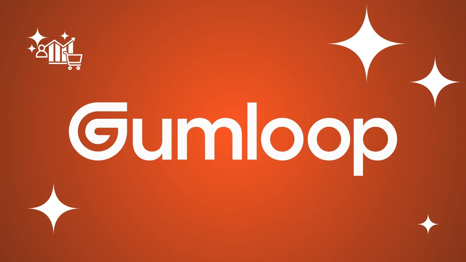 Gumloop logo featuring a stylized icon and text on a red-orange gradient background with white stars.
