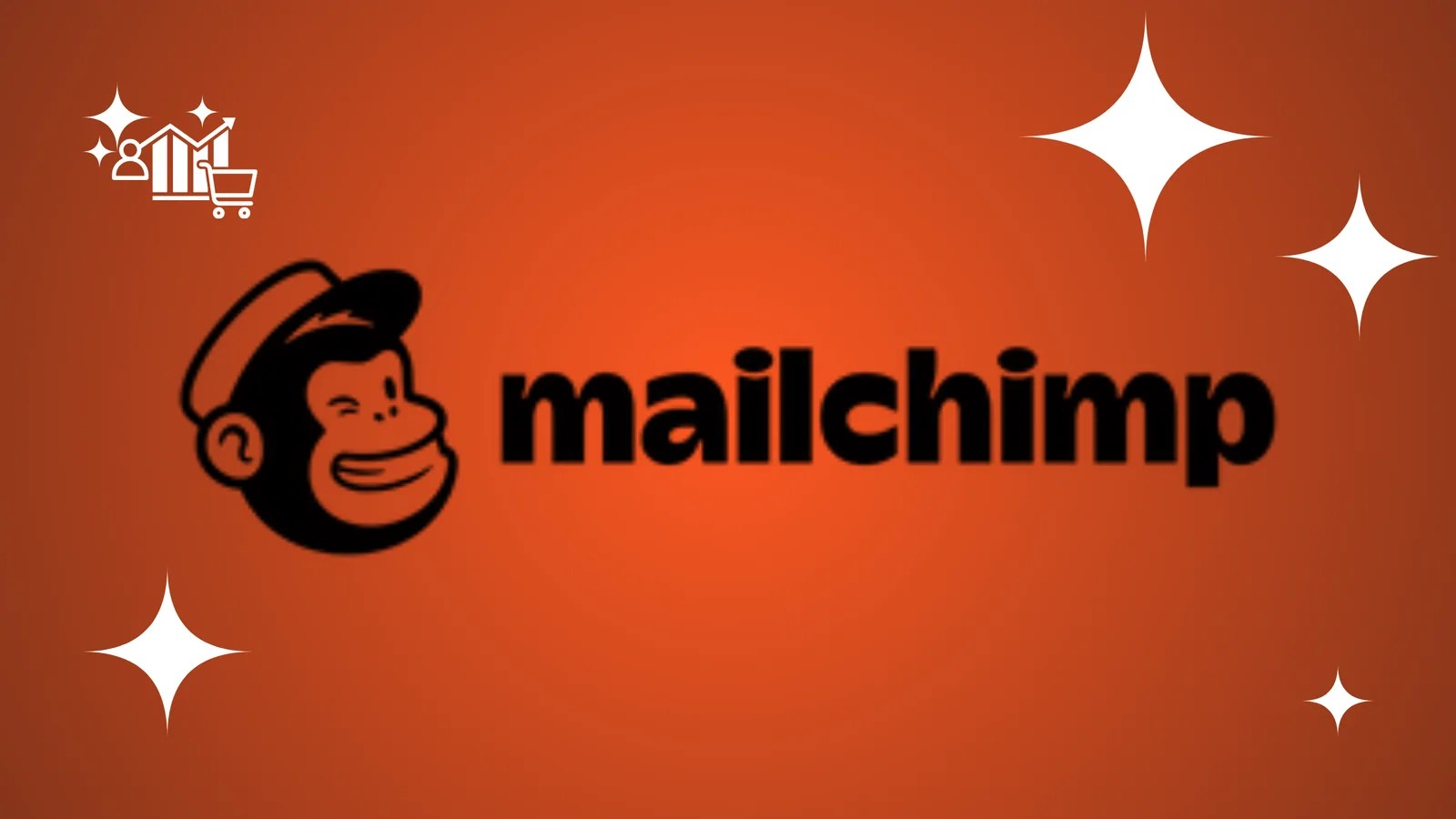 Mailchimp AI logo featuring a stylized icon and text on a red-orange gradient background with white stars.