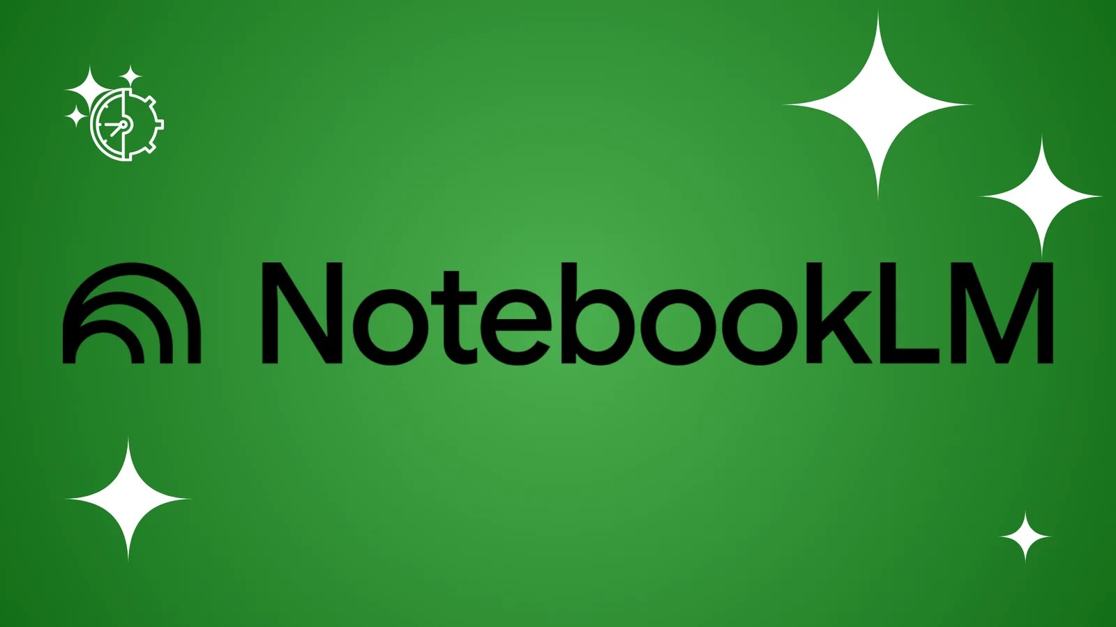 NotebookLM logo featuring a black stylized icon and bold black sans-serif text on a green gradient background with white stars.