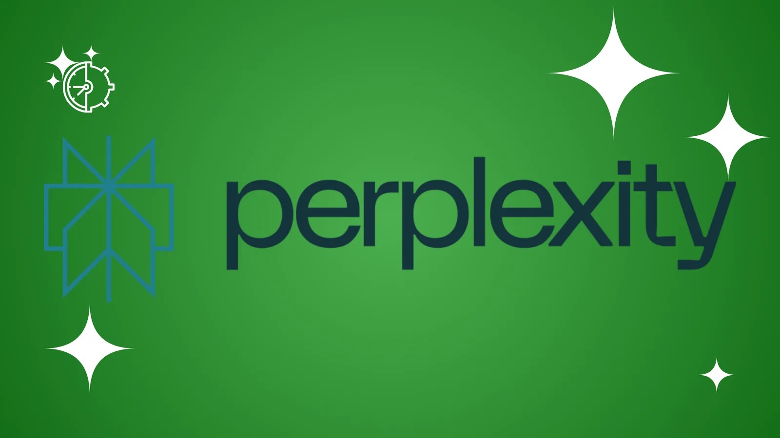 Perplexity logo featuring a black stylized icon and bold black sans-serif text on a green gradient background with white stars.