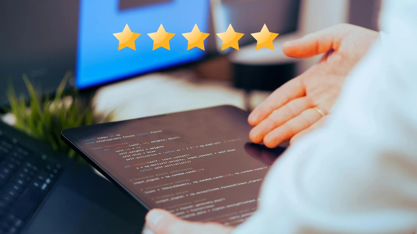 A person holding a tablet showing Python code with five golden stars floating above it, symbolizing high‑quality programming.