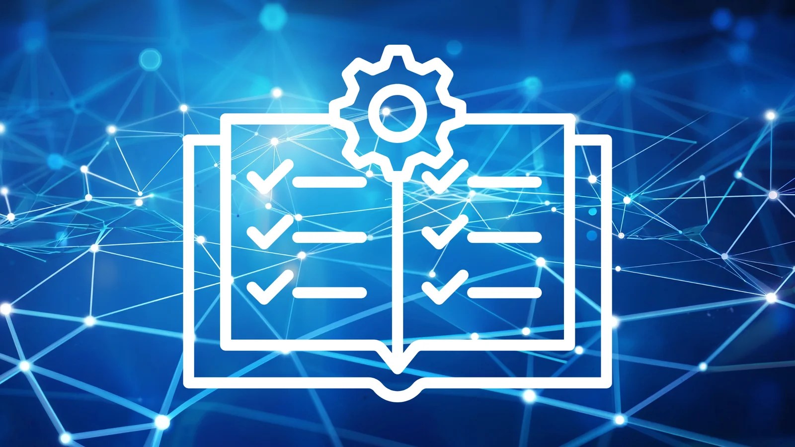 A glowing white outline of an open book with checkmarks and a gear icon above it, set against a blue digital network background.