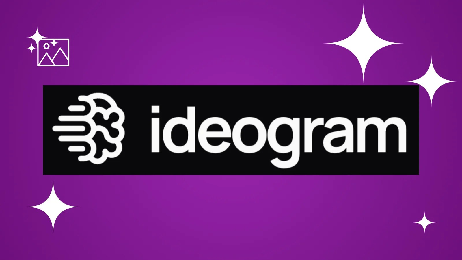 Ideogram logo featuring a black circular icon and bold black sans-serif text on a purple gradient background with white stars.