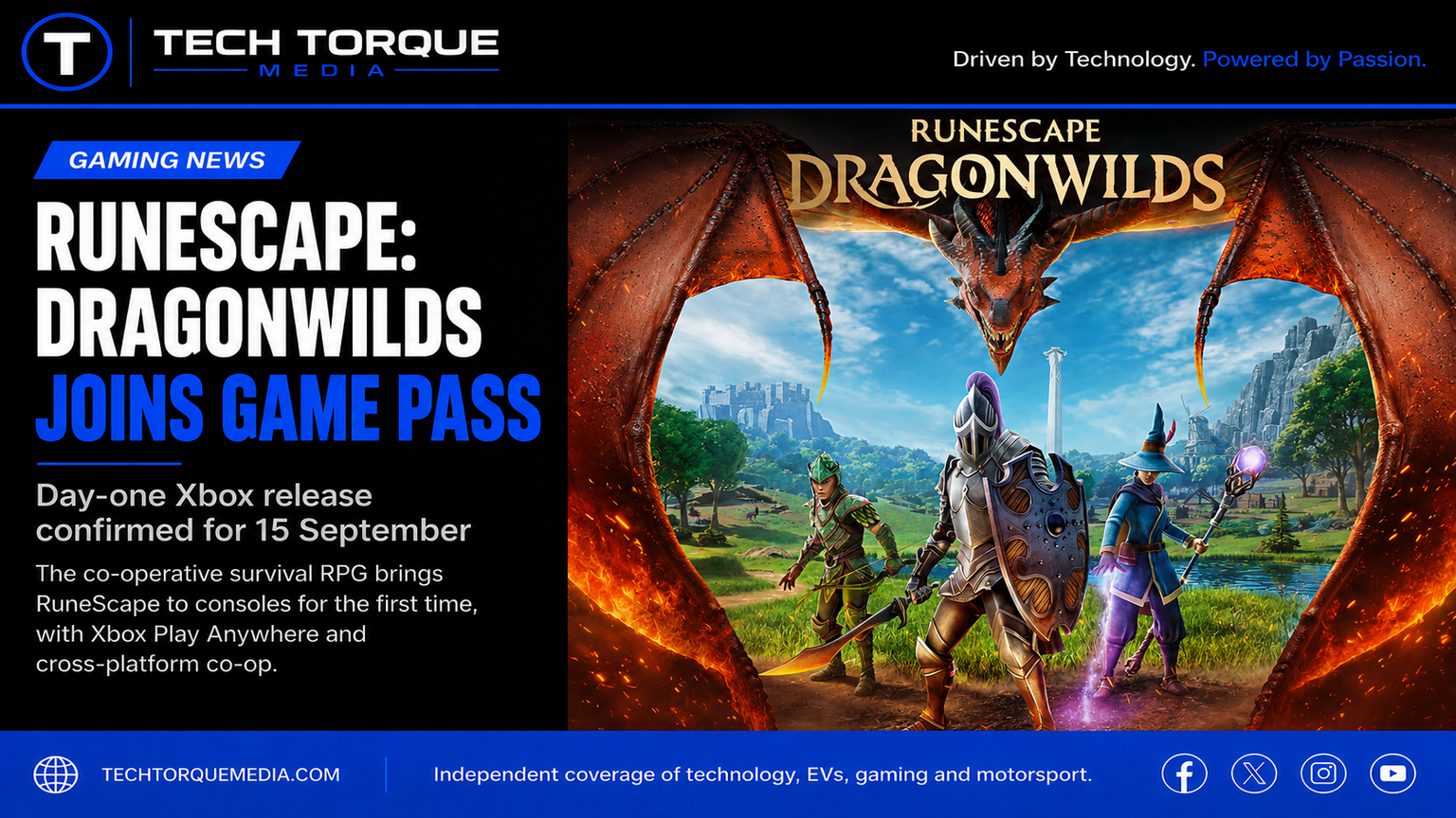 RuneScape Dragonwilds joins Xbox Game Pass on 15 September, featuring a dragon above three adventurers.
