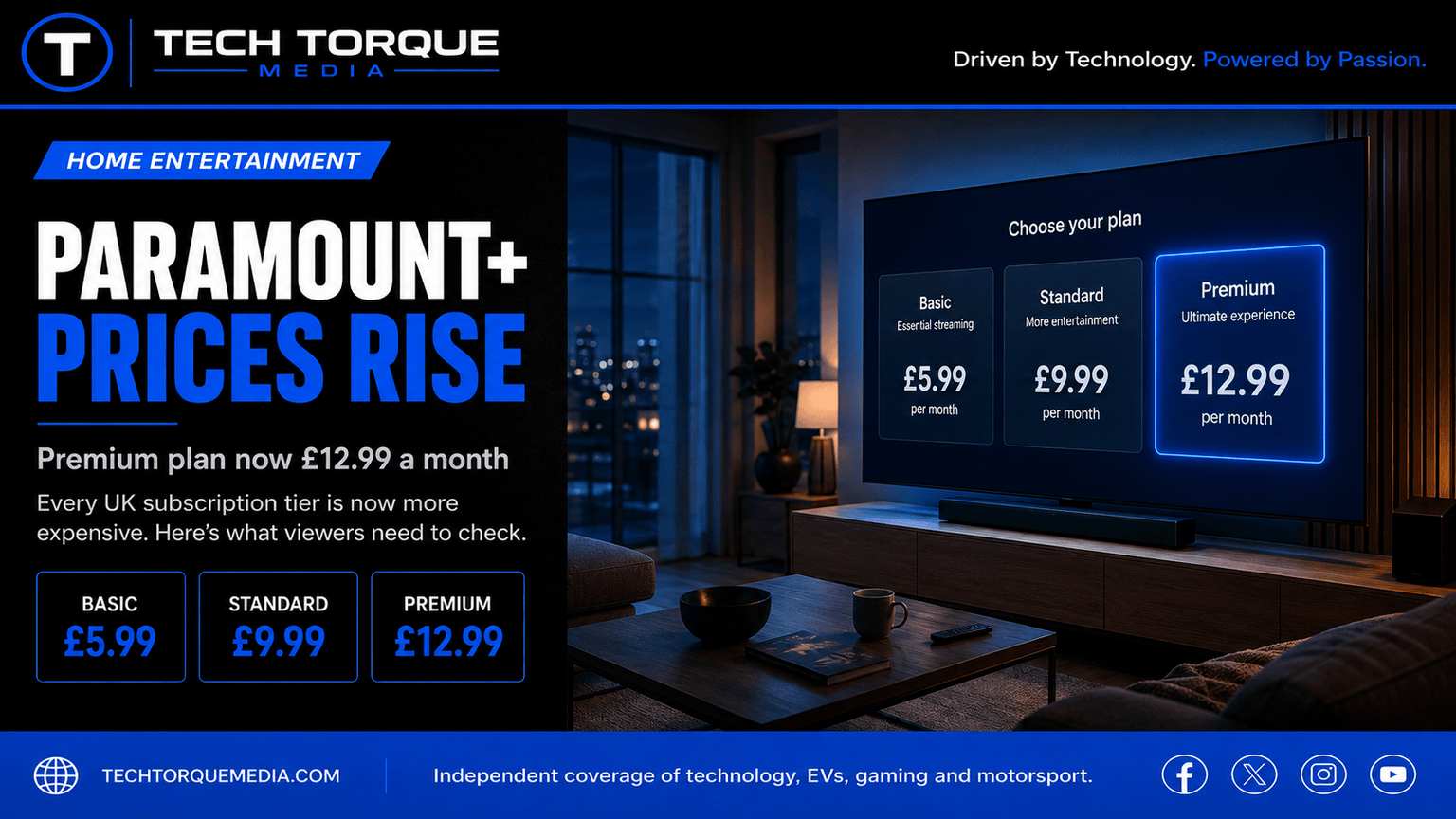 Television displaying Paramount+ UK subscription prices of £5.99, £9.99 and £12.99 in a modern living room